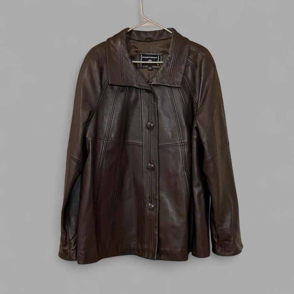 Portrait Chocolate Brown soft leather jacket with stitches details Large